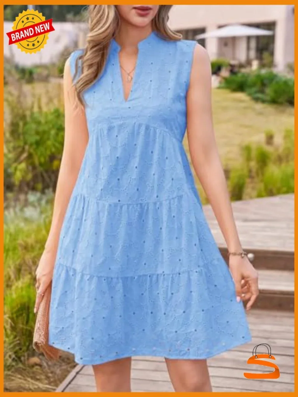 V Neck Eyelet Lace Mini Sundress Babydoll Hollow Out Swing Beach Casual Dress - Picture 2 of 6
